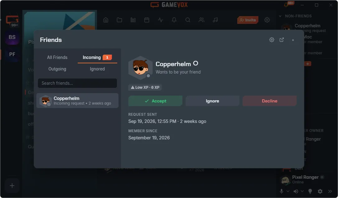 GameVox friends window with an incoming friend request