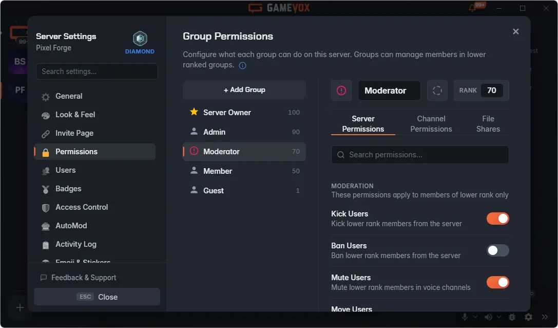 GameVox group permissions editor with ranked groups and moderation toggles