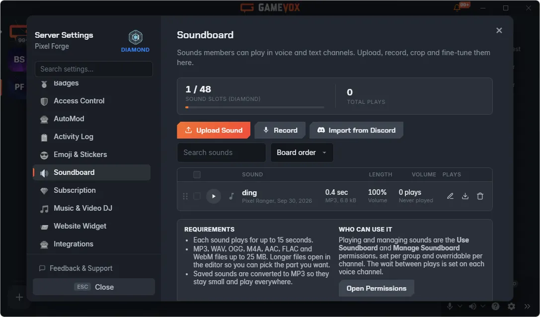 GameVox soundboard settings with sound upload, recording, and Discord import
